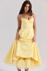 Mademoiselle Sunshine Yellow Satin Tulle Midi Dress