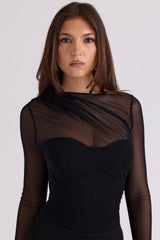 Orelia Black Draped Mesh Bodysuit
