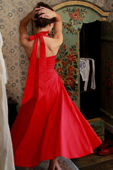 Claudia Red Stretch Cotton Button Halter Neck Midi Dress