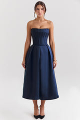 Bellina Midnight Blue Strapless Detachable Bow Midi Dress
