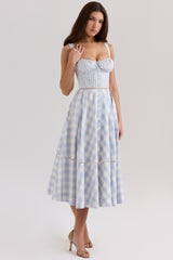 Chiarina Light Blue Gingham Stretch Cotton Midi Dress