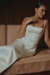 Anabella Ivory Satin Lace Up Maxi Dress