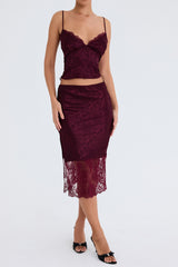 Mistress Rocks Mulberry Satin And Lace Midi Skirt - SALE