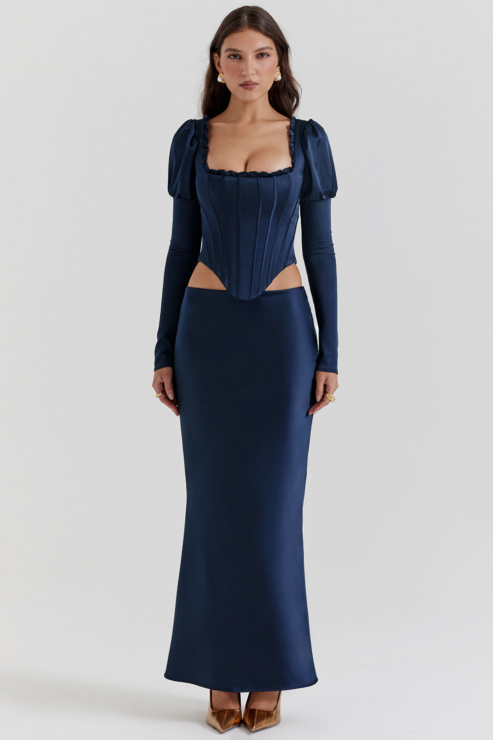 Charlene Navy Satin Bias Cut Maxi Skirt