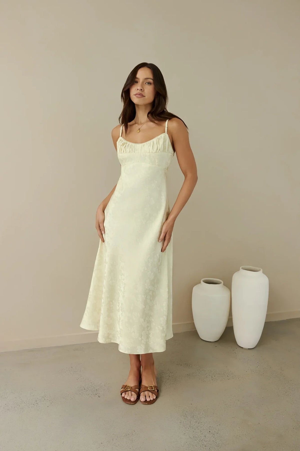 Kaiya Jacquard Satin Midi Dress Yellow