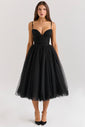 Countess Black Tulle Ruched Bodice Midi Dress - SALE