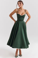 Mademoiselle Forest Green Satin Tulle Midi Dress