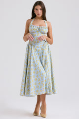 Adabella Soft Blue Vintage Floral Print Cotton Halter Sundress
