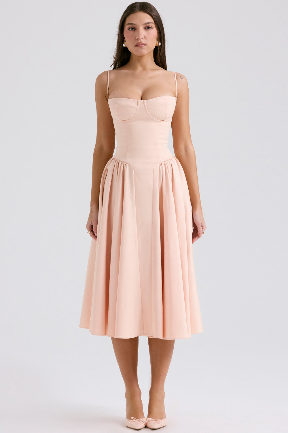 Samaria Peach Parfait Twill Corset Midi Dress