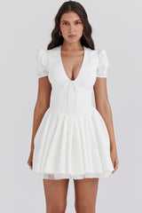 Imani White Pleated Cotton Mini Dress