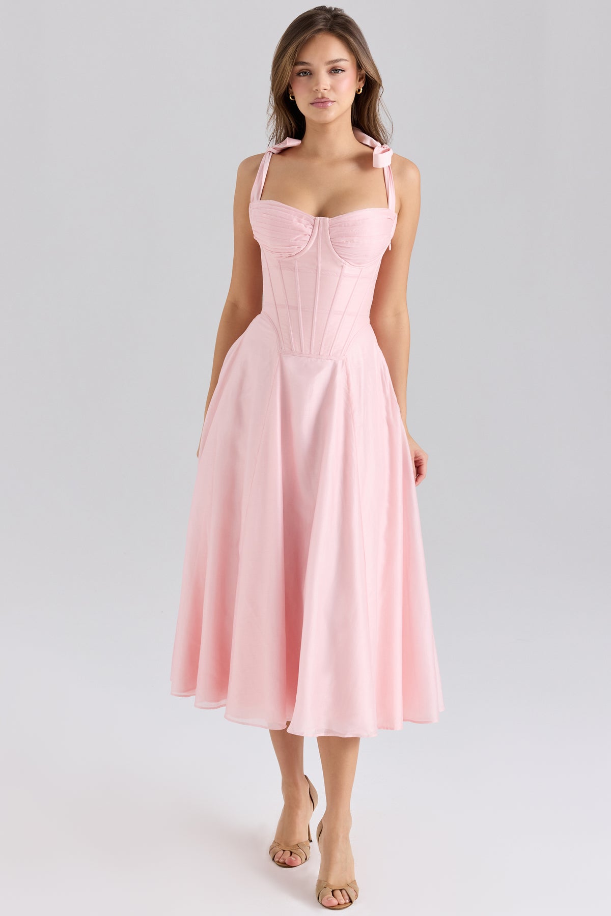 Leia Pink Chiffon Tie Strap Midi Dress