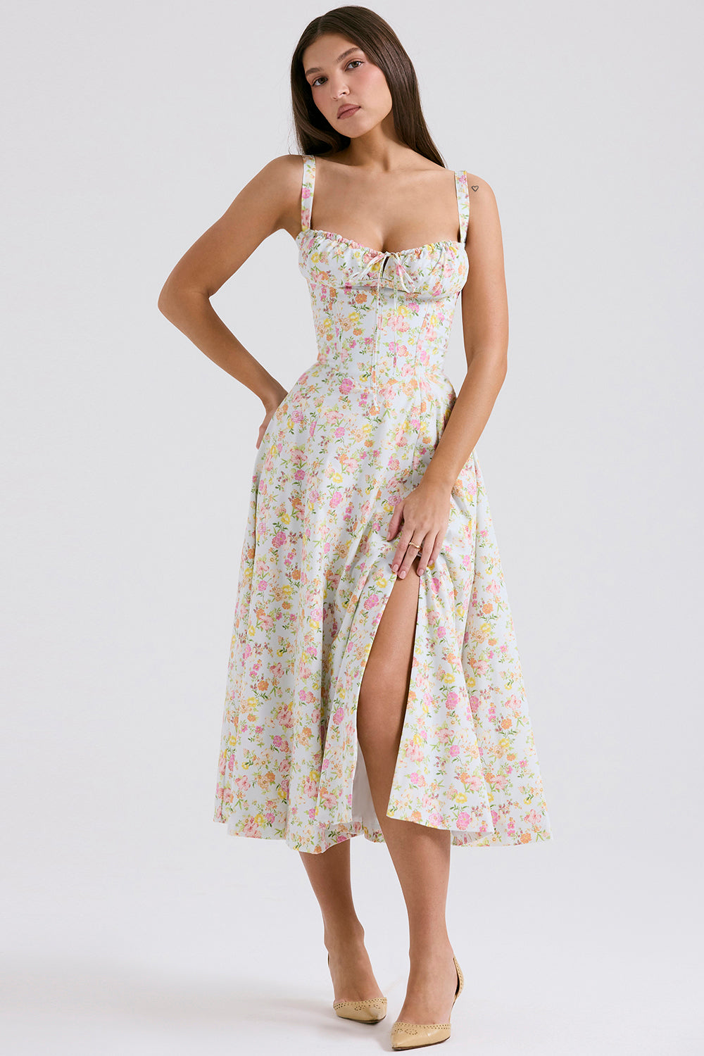 Carmen Pale Blue Meadow Print Cotton Bustier Sundress