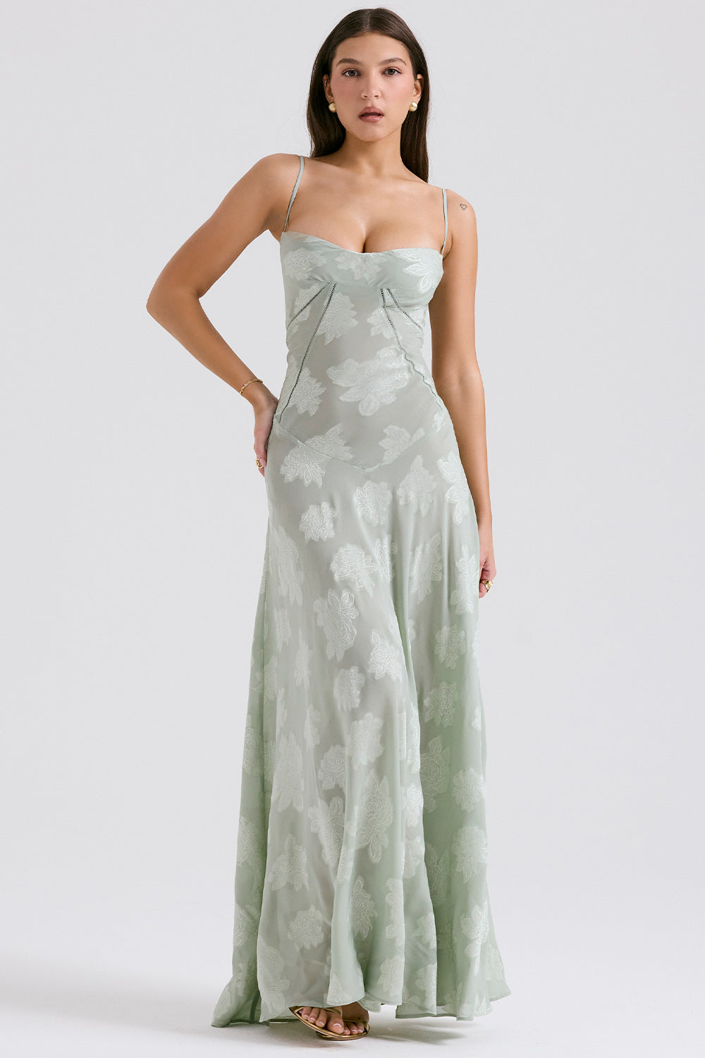 Seren Pistachio Floral Lace Back Maxi Dress