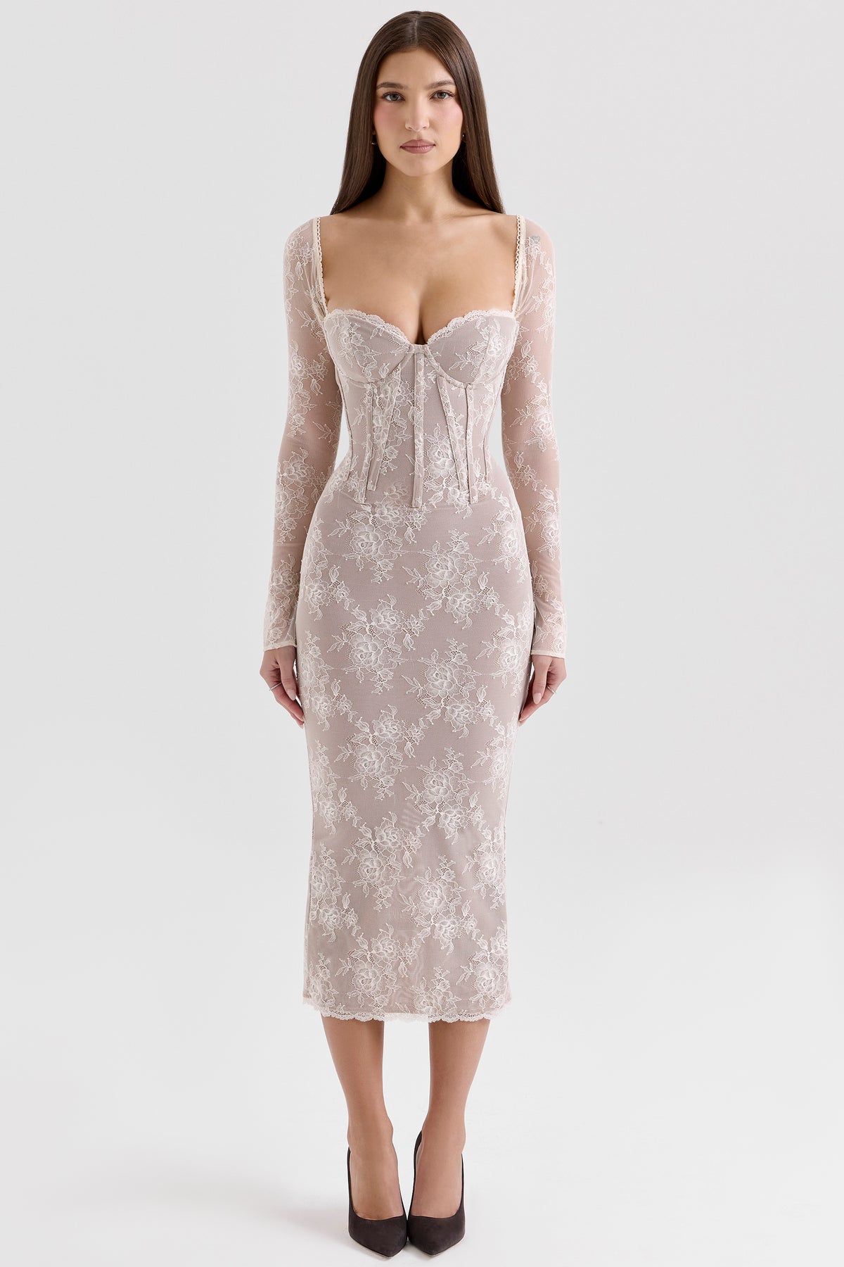 Saisha Ivory Lace Long Sleeve Midi Dress