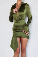 Mistress Rocks Olive Satin Draped Shirt Dress - SALE