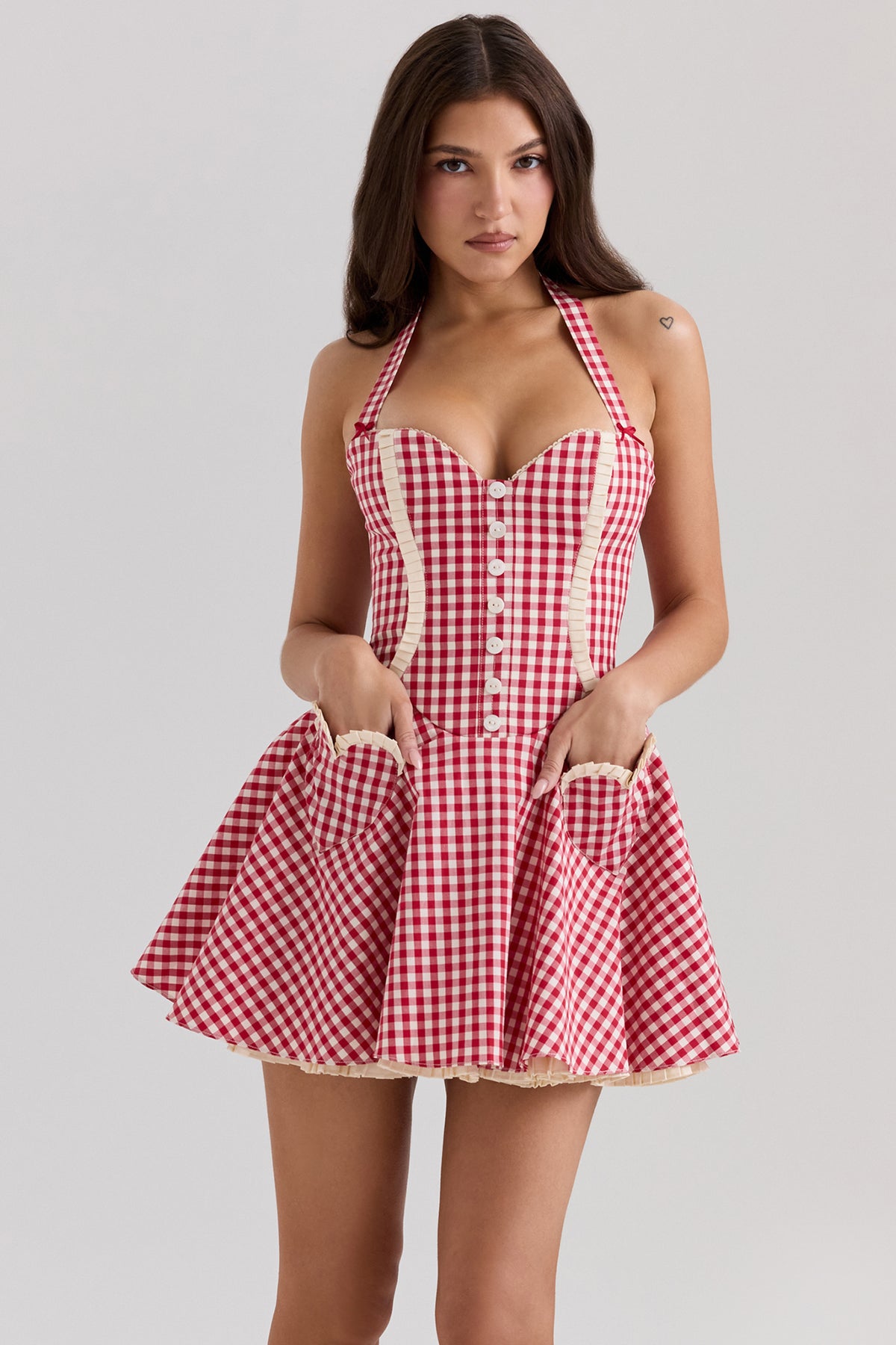 Heidi Red Gingham Cotton Halter Neck Mini Dress