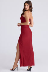 Lini Deep Red Stretch Mesh Corset Maxi Dress