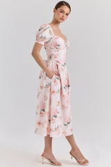 Lulabell Peach Floral Cotton Puff Sleeve Midi Dress
