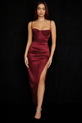 Flora Wine Satin Pleated Corset Midi Dress