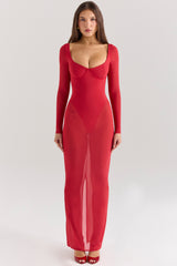 Everly Holly Red Mesh Maxi Dress with Bodysuit