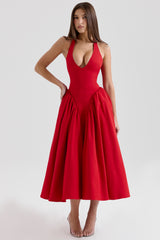 Marilyn Red Twill Halter Midi Dress