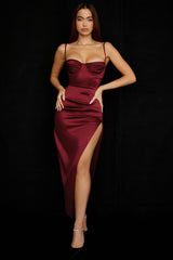 Flora Wine Satin Pleated Corset Midi Dress