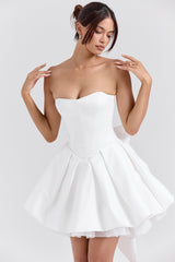 Noele White Satin Strapless Bow Mini Gown