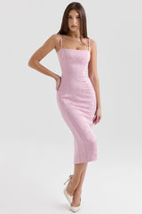 Ophelle Pink Jacquard Lace Up Bodycon Midi Dress