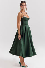 Mademoiselle Forest Green Satin Tulle Midi Dress