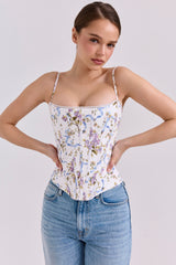 Cadie White Floral Ribbon Print Cotton Corset Top