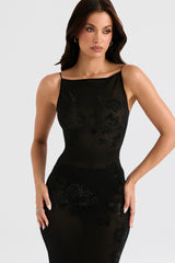 Amirah Black Mesh Crystal Embellished Midi Dress