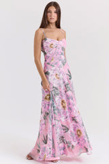 Seren Pink Floral Print Lace Back Maxi Dress