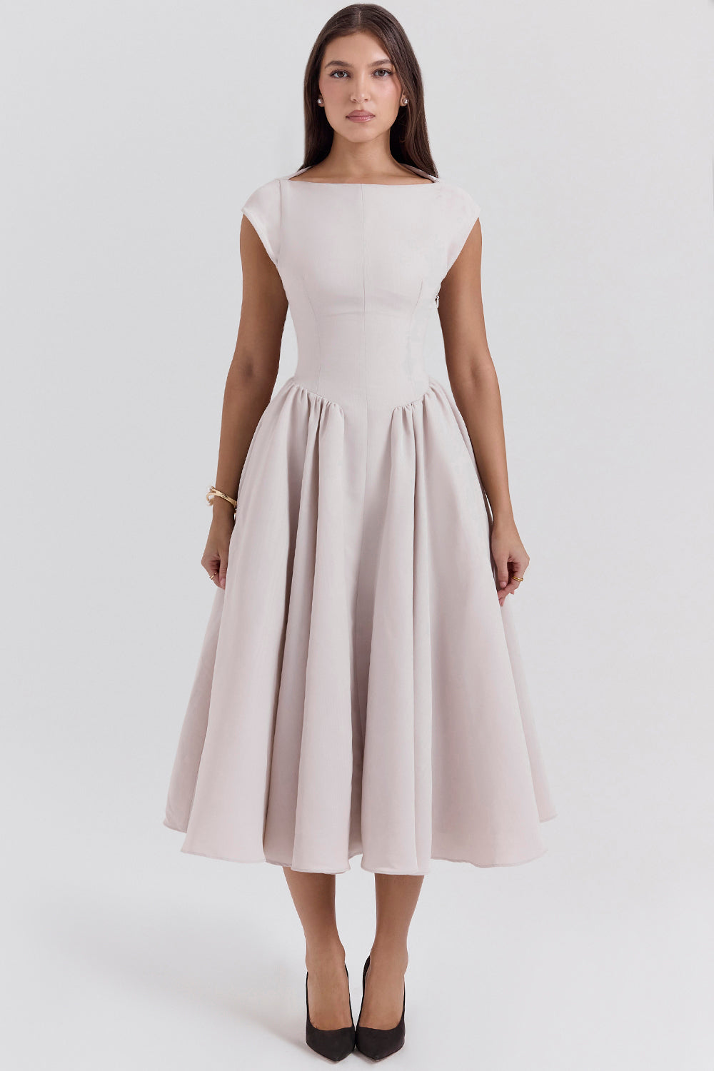 Debutante French Dove Moire Satin Backless Midi Dress