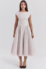 Debutante French Dove Moire Satin Backless Midi Dress