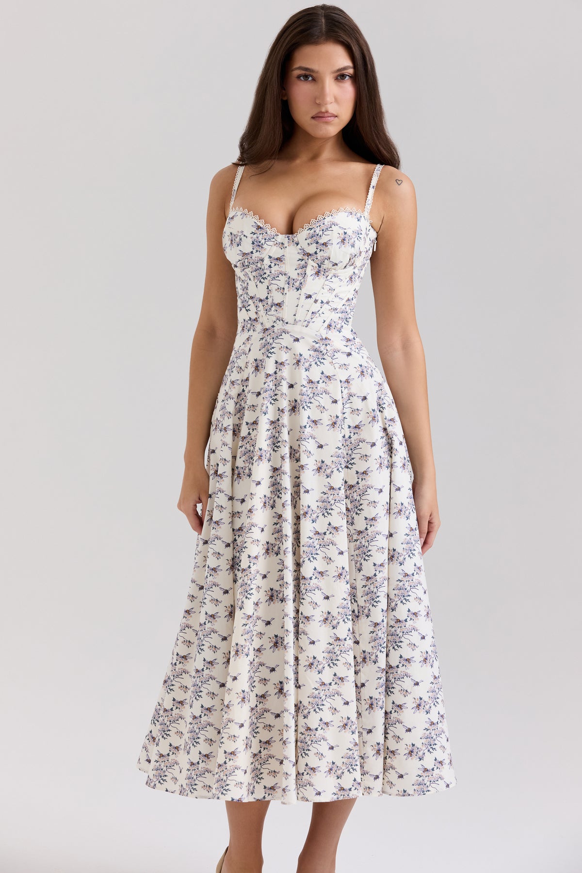 Steffani Cream Stretch Cotton Floral Print Midi Sundress