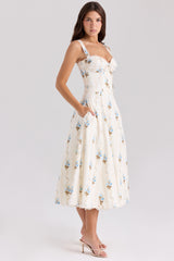 Rosalee Cream Floral Print Cotton Corset Midi Dress
