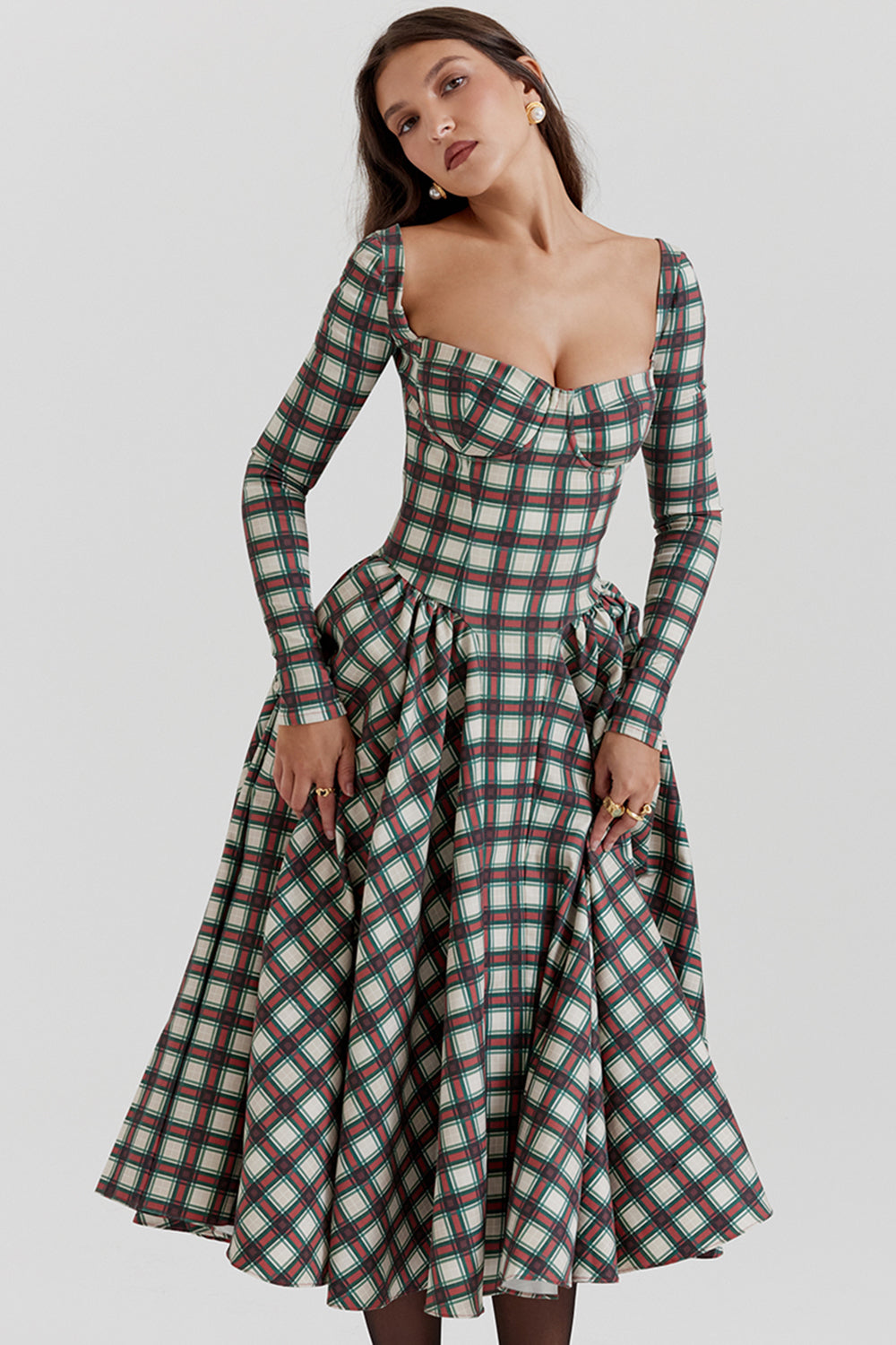 Eliza Red Tartan Corset Midi Dress