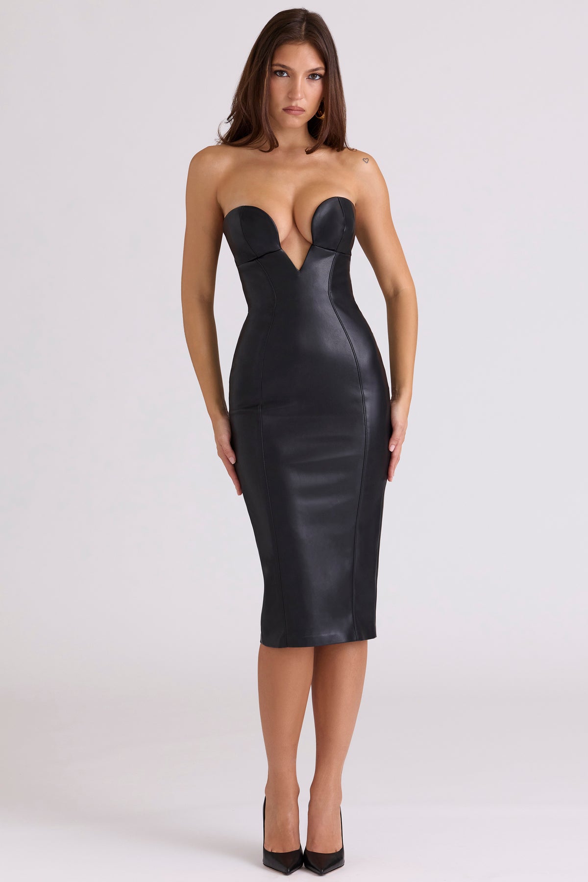 Shia Black Vegan Leather Strapless Midi Dress