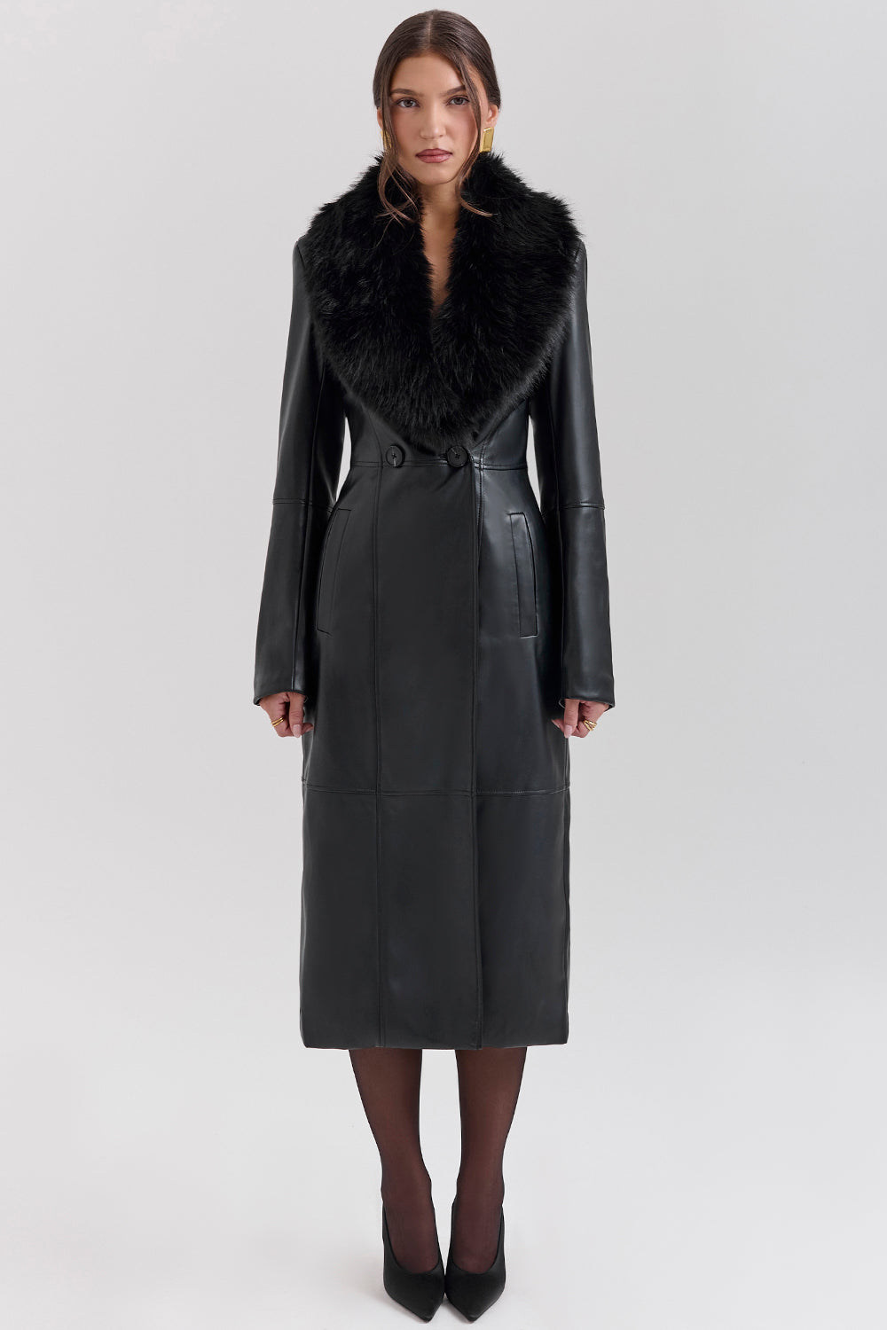 Marcel Black Faux Fur Trimmed Vegan Leather Coat