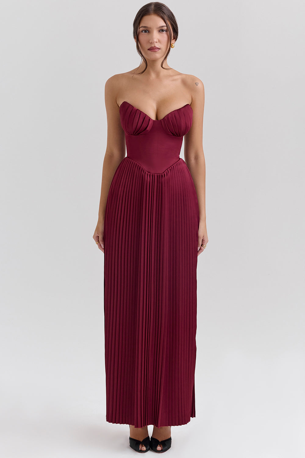 Marcella Berry Pleated Satin Maxi Dress