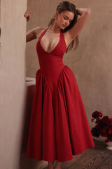 Marilyn Red Twill Halter Midi Dress