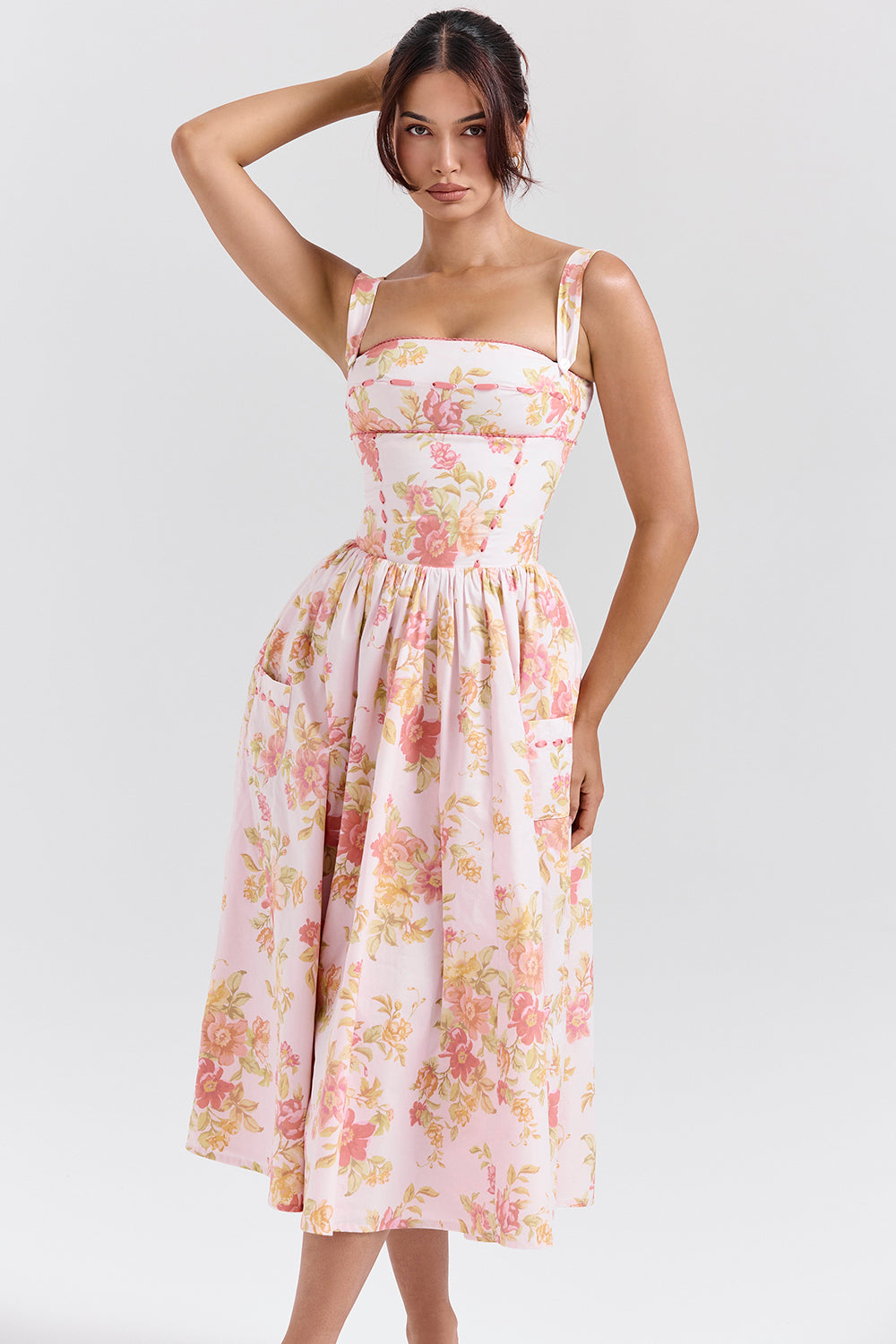 Vivien Peach Poppy Print Cotton Midi Sundress