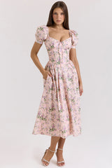 Lulabell Pink Ribbon Print Cotton Midi Dress