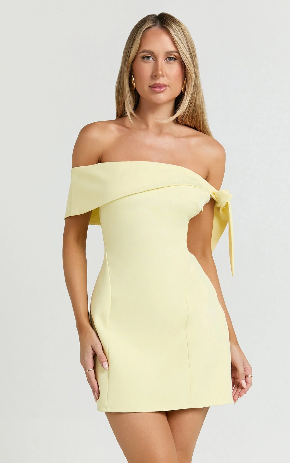 Cecilia Mini Dress Off Shoulder Tie Detail Dress in Lemon