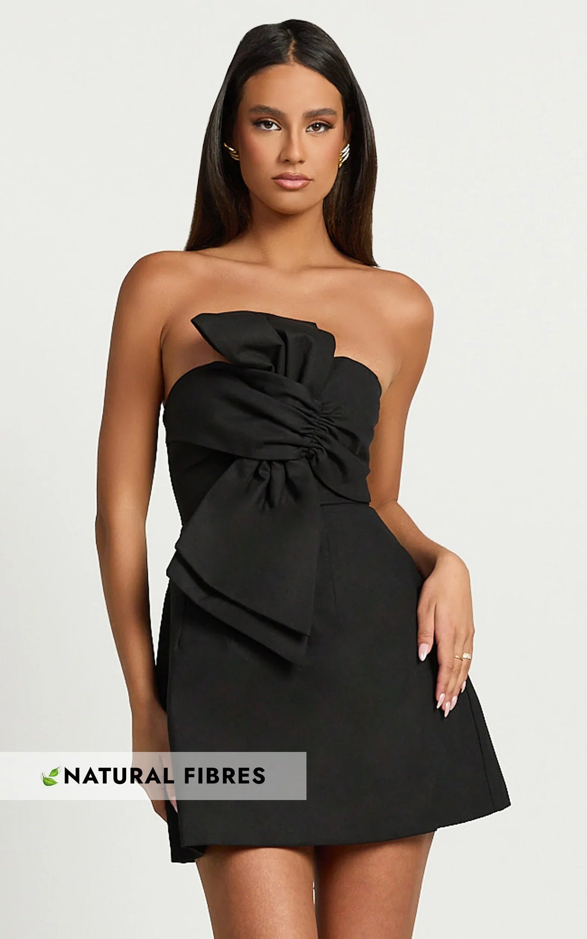 Chika Mini Dress Linen Strapless Front Bow Dress in Black