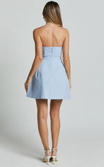 Chika Mini Dress Linen Strapless Front Bow Dress in Pale Blue