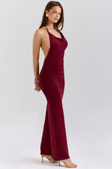Thalina Wine Draped Halter Neck Maxi Dress