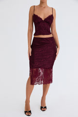 Mistress Rocks Mulberry Satin And Lace Midi Skirt - SALE