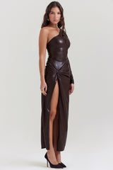 Octavia Cocoa Vegan Leather Maxi Dress