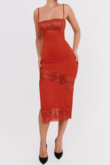 Mistress Rocks Rose Red Satin & Lace Midi Dress - SALE